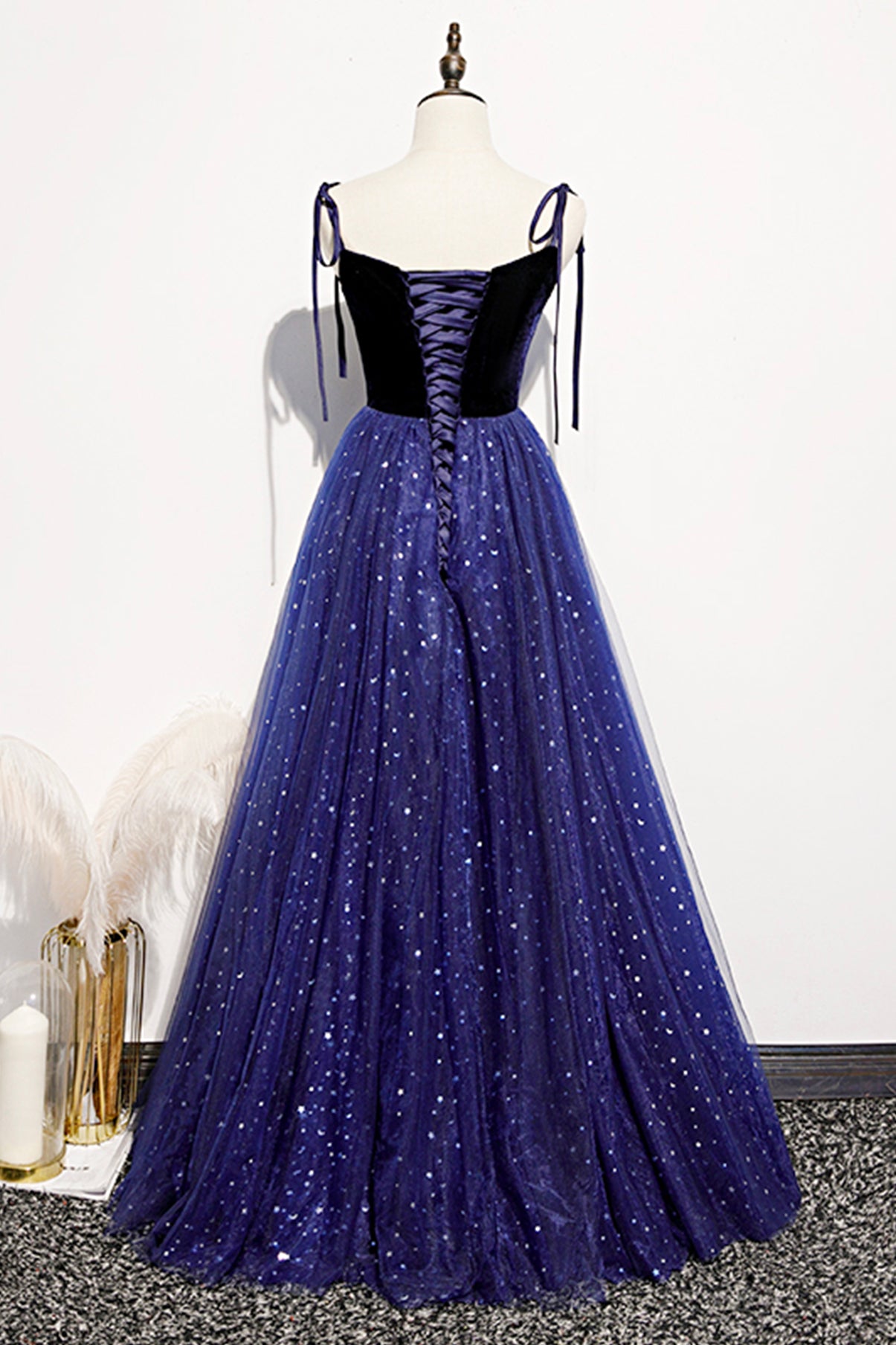 Robe de soirée longue en tulle velours bleu Robe de soirée trapèze 8634