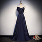 Robe de bal longue en satin bleu foncé, robe de soirée simple 8074