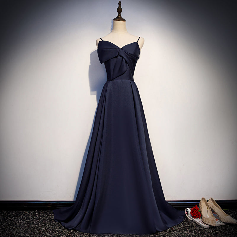 Robe de bal longue en satin bleu foncé, robe de soirée simple 8074
