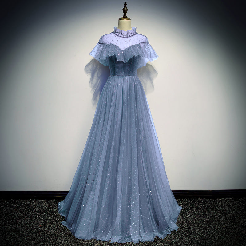 Elegant tulle round neck long prom dress, evening dress  8110