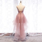 Cute v neck lace short prom dress high low evening dress  8315