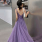 Lila Tüll Spitze langes Ballkleid A-Linie Abendkleid 10127