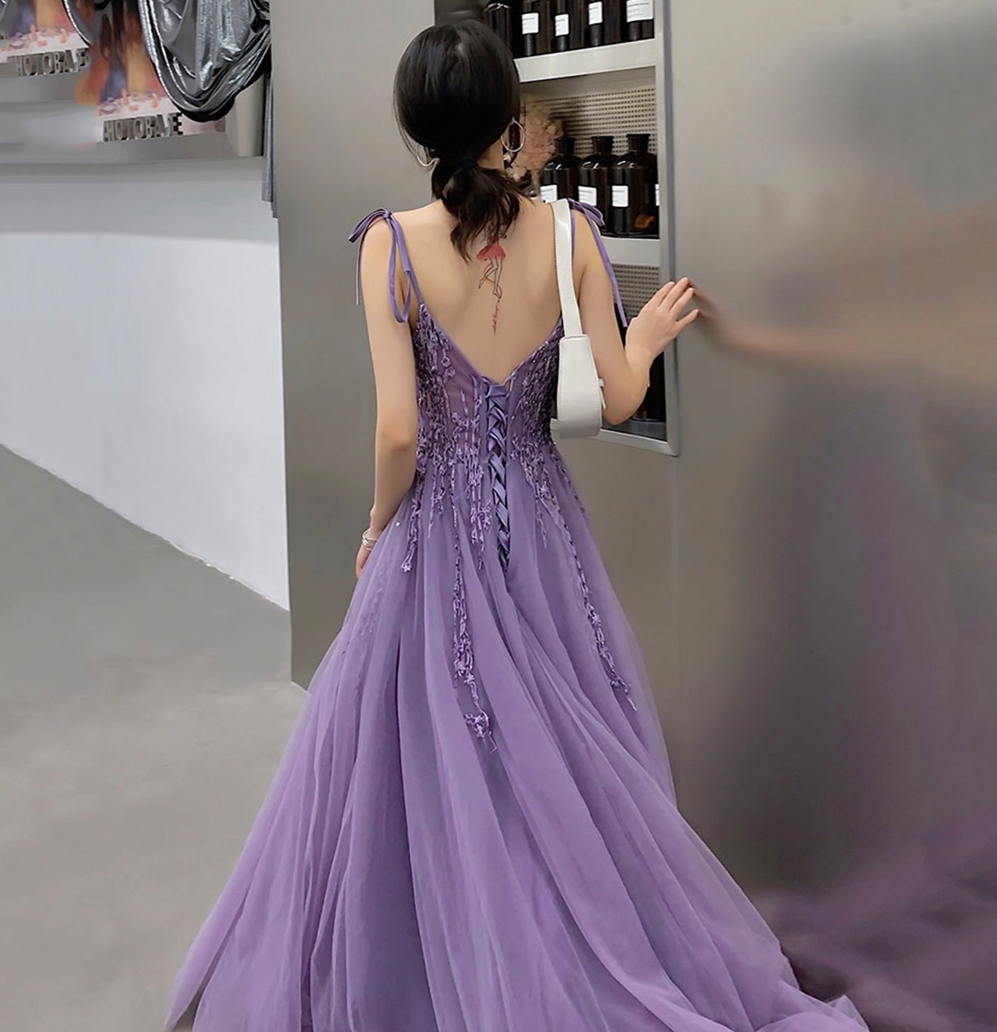 Lila Tüll Spitze langes Ballkleid A-Linie Abendkleid 10127