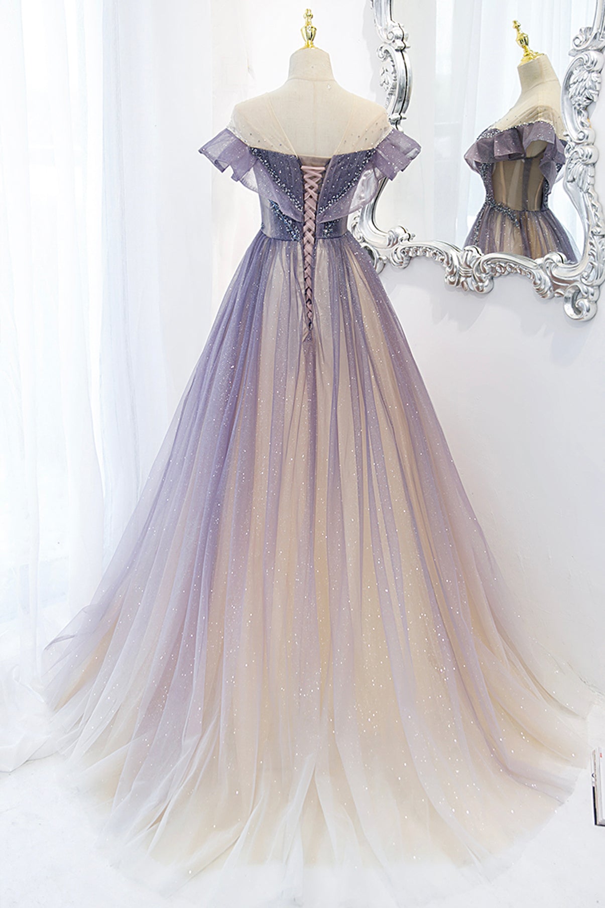 Purple tulle long A line prom dress evening dress  8733