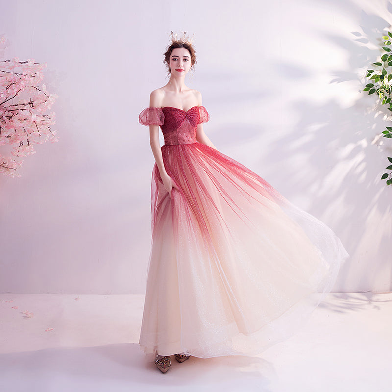 Burgundy tulle long prom dress evening dress  8272