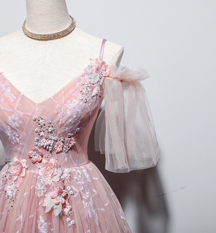 Rosa V-Ausschnitt Tüll langes Ballkleid Abendkleid 8455