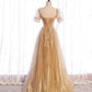 Gold Tüll Pailletten langes Ballkleid Abendkleid 8428
