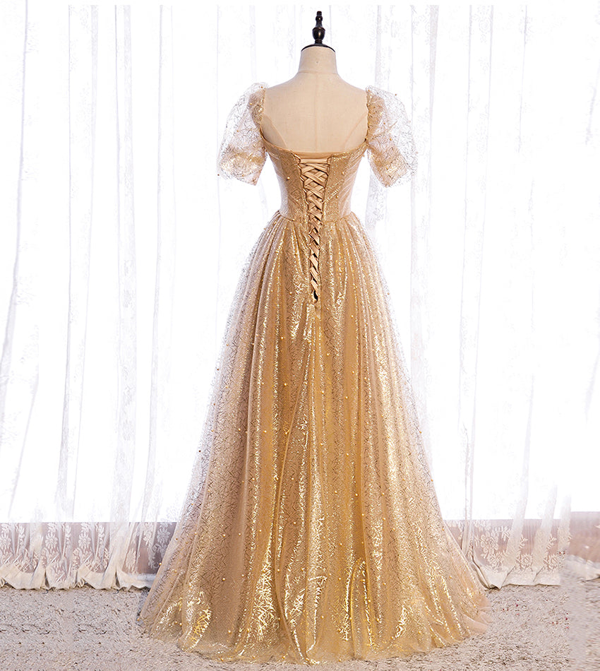 Gold Tüll Pailletten langes Ballkleid Abendkleid 8428