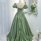 Green satin long A line prom dress green evening dress  8810