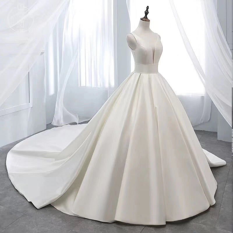 White v neck satin long ball gown dress formal dress  8870