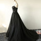 Black tulle long A line prom dress black evening dress  8803