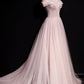 Pink tulle beads long prom dress A line evening dress  8648