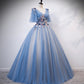 Blue v neck tulle long prom gown formal dress  8478
