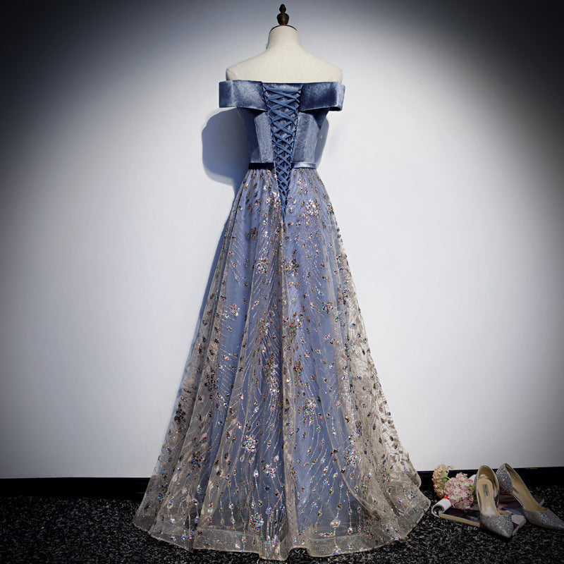 Blue velvet tulle long prom dress blue evening dress  8465
