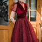 Burgund Tüll kurzes Ballkleid A-Linie Abendkleid 8647