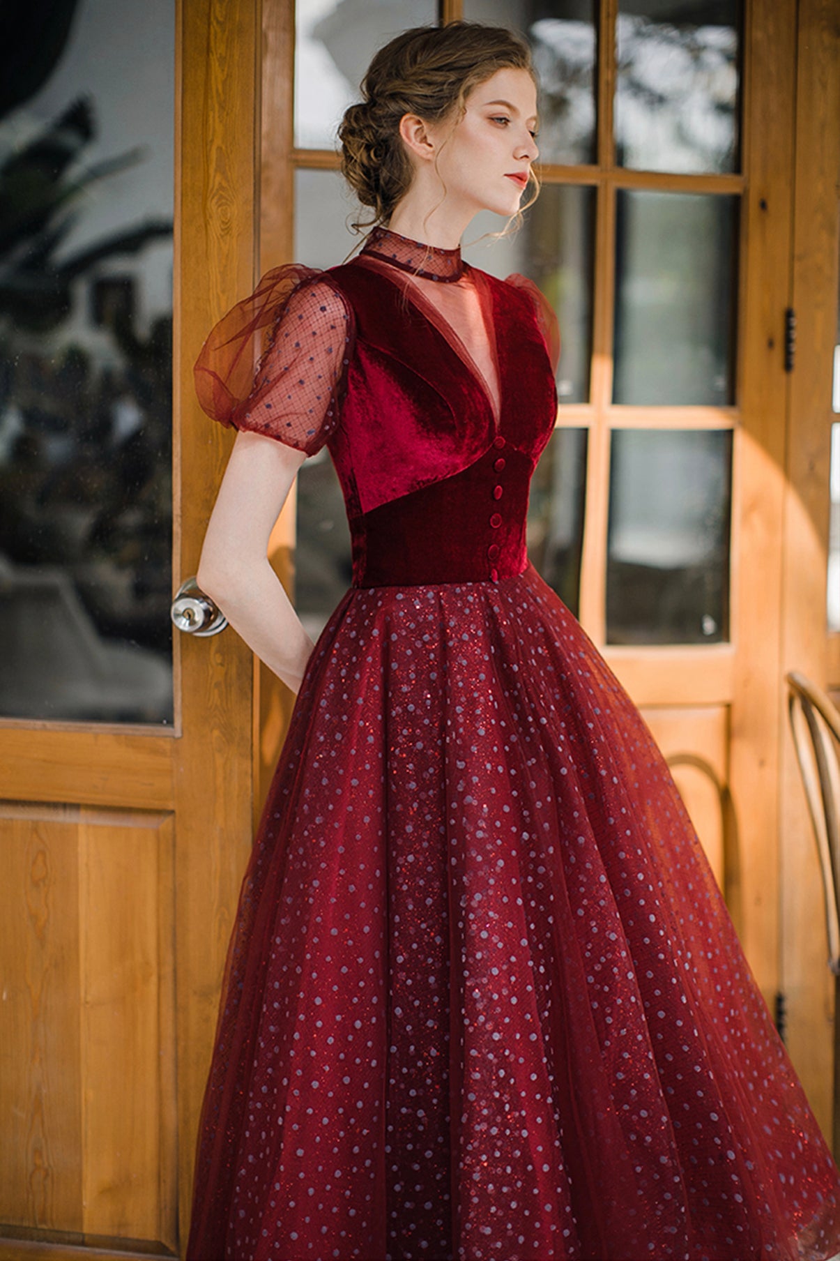 Burgund Tüll kurzes Ballkleid A-Linie Abendkleid 8647