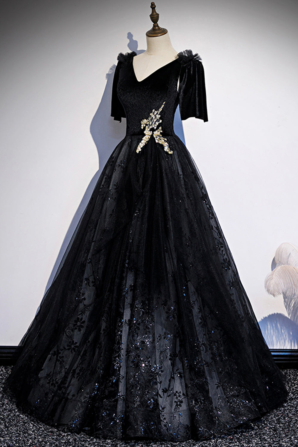 Black velvet lace long prom dress evening dress  8502