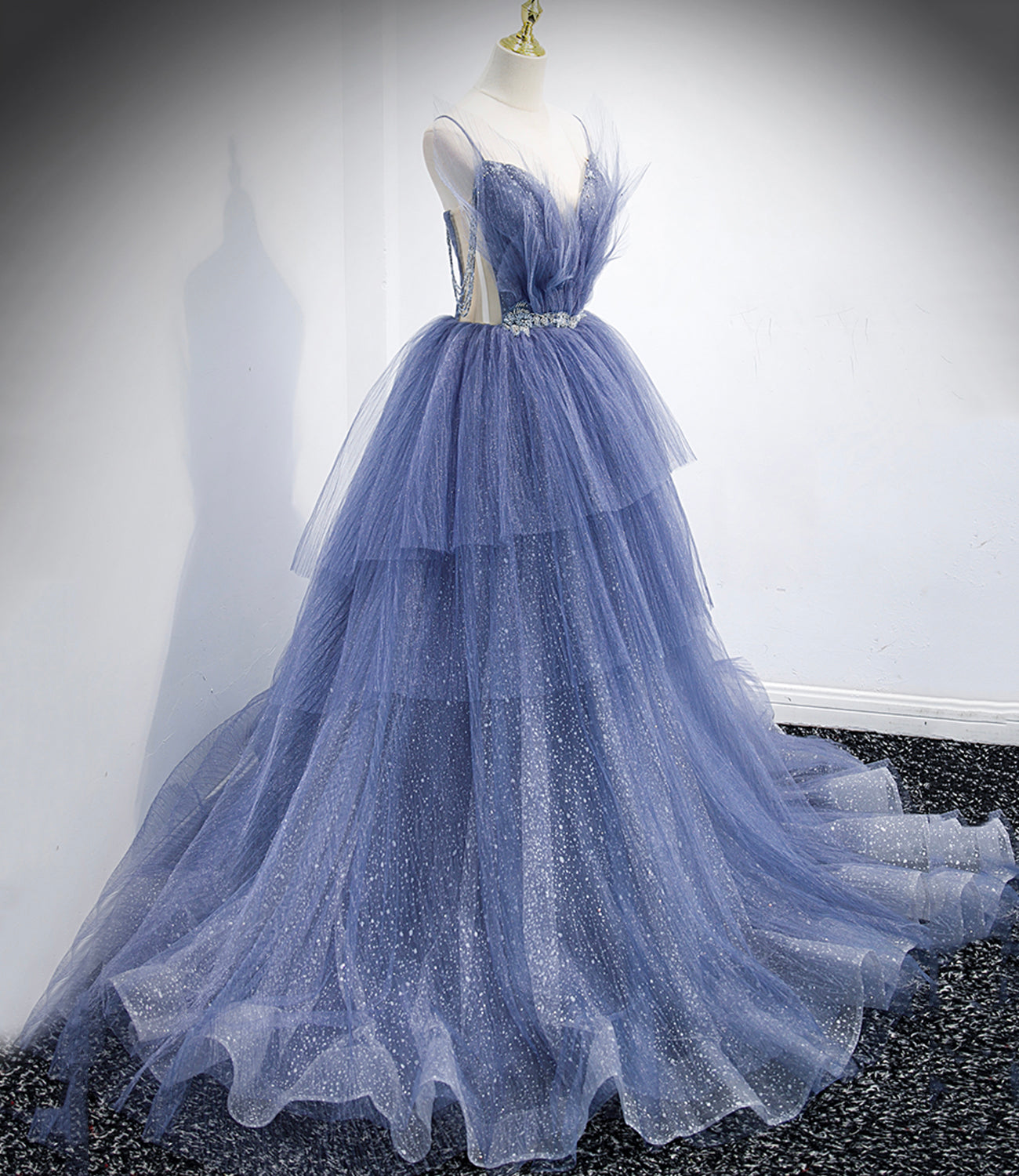Blaues Tüll langes Ballkleid A-Linie blaues Abendkleid 8864
