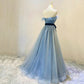 Blue tulle long prom dress blue evening dress  8607
