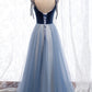 Blue velvet tulle long prom dress blue evening dress  8637