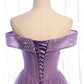 Lila Tüll Perlen lange A-Linie Ballkleid Abendkleid 8790