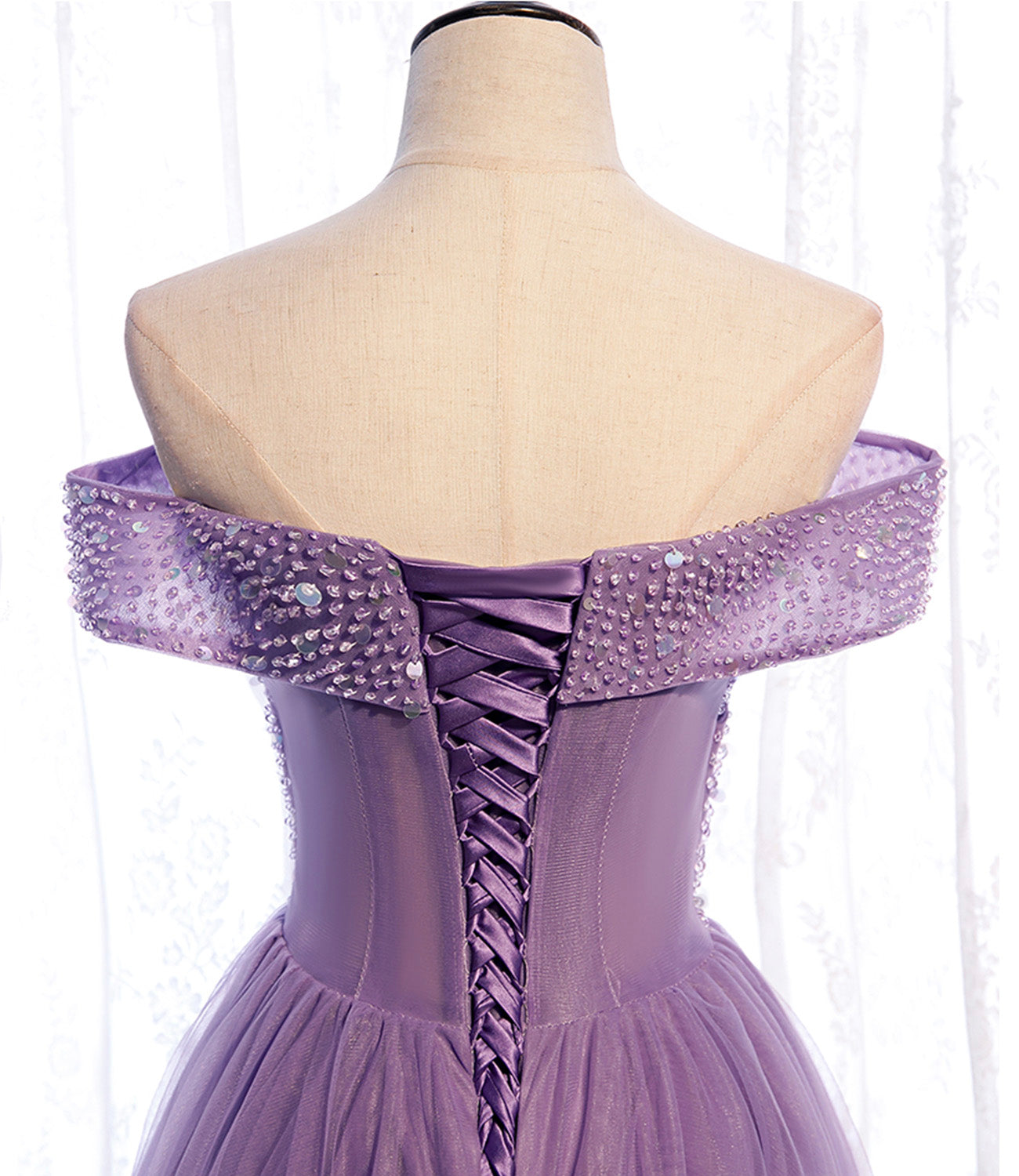 Lila Tüll Perlen lange A-Linie Ballkleid Abendkleid 8790