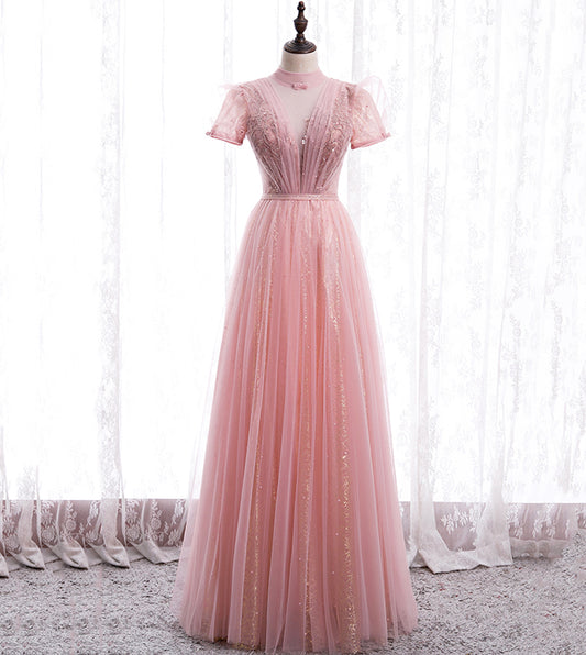 A line tulle sequins long prom dress evening dress  8439