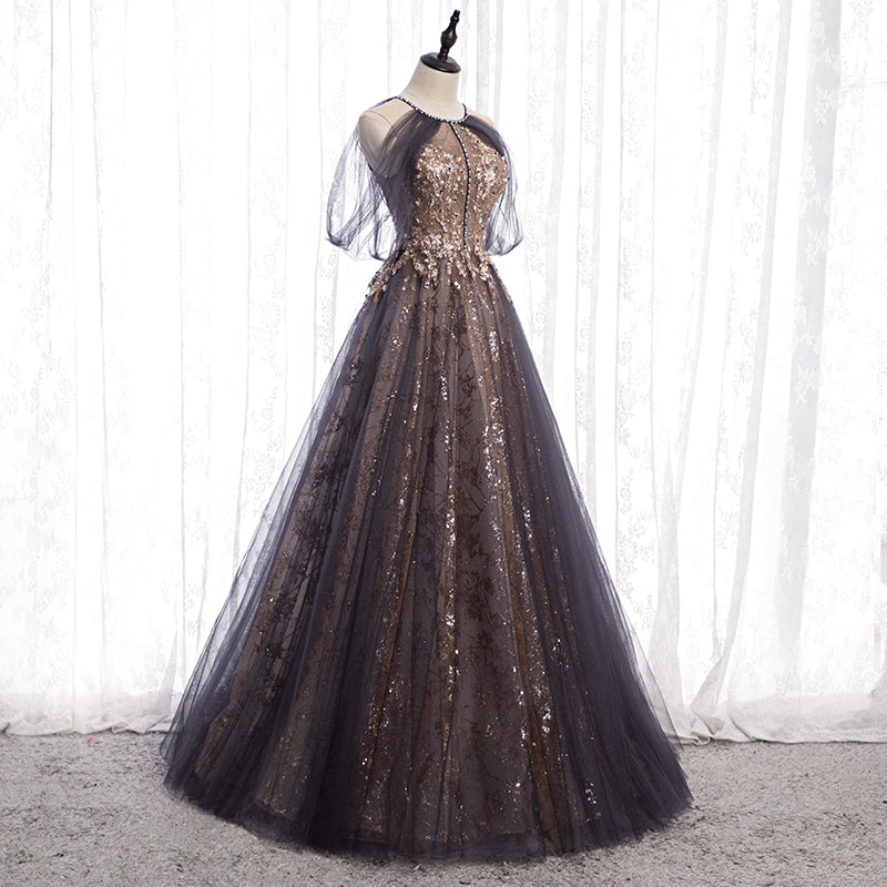 A line tulle sequins long prom dress evening dress  8294