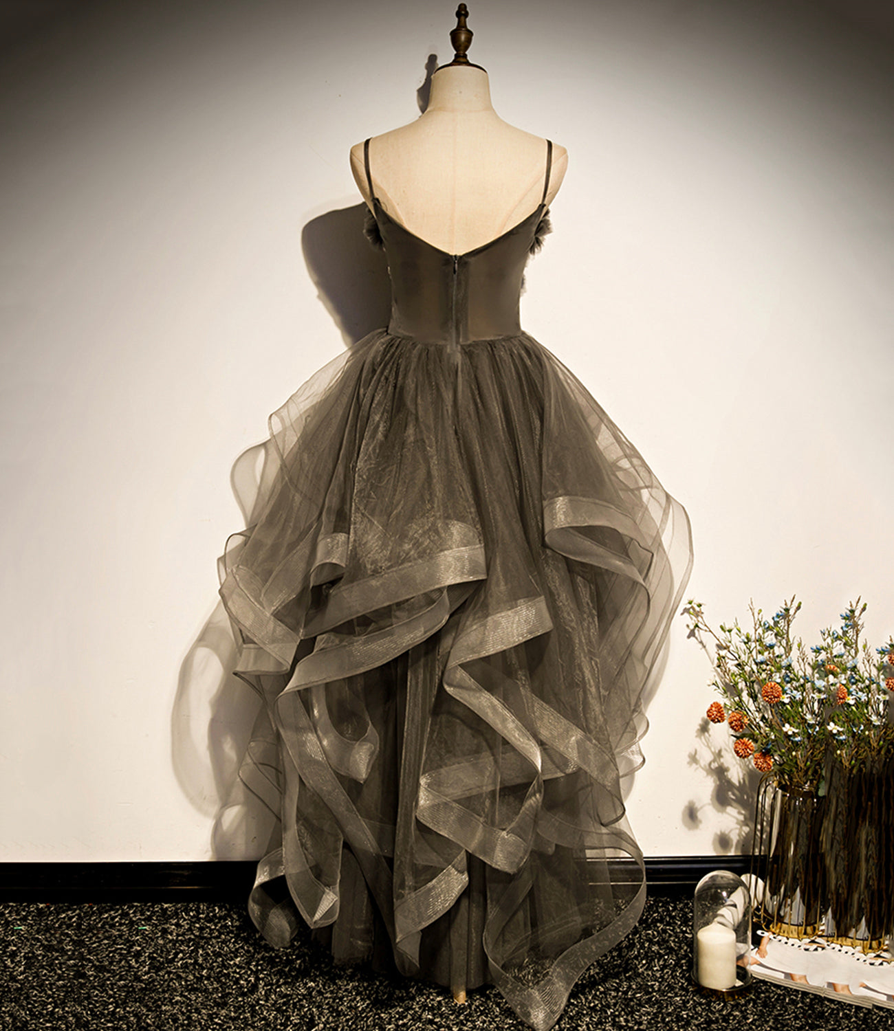 Robe de soirée longue en tulle gris 8824
