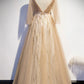 Champagne v neck lace long prom dress A line evening dress  8595