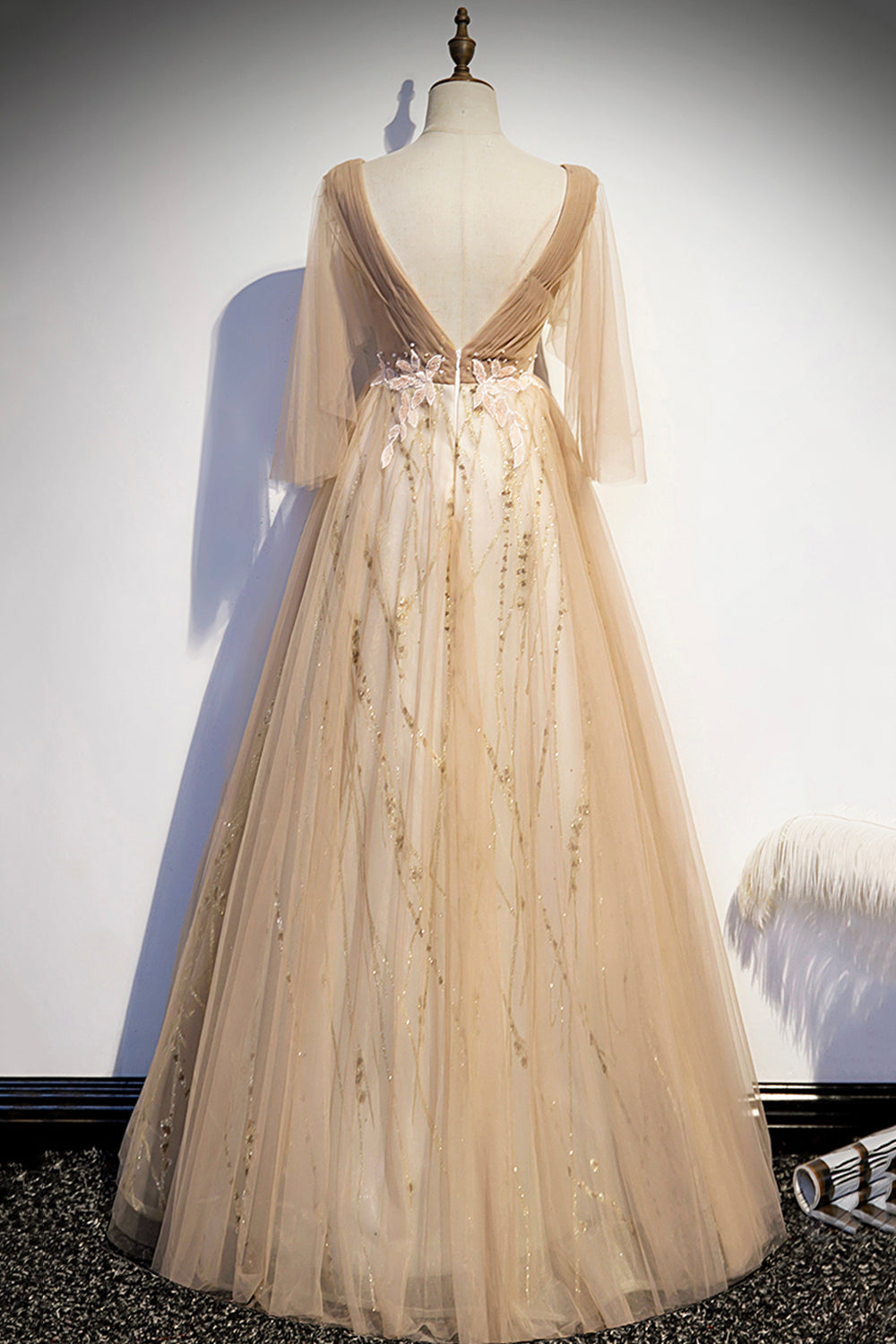 Champagne v neck lace long prom dress A line evening dress  8595