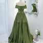 Green satin long A line prom dress green evening dress  8819
