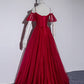 Burgundy tulle long prom gown formal dress  8496