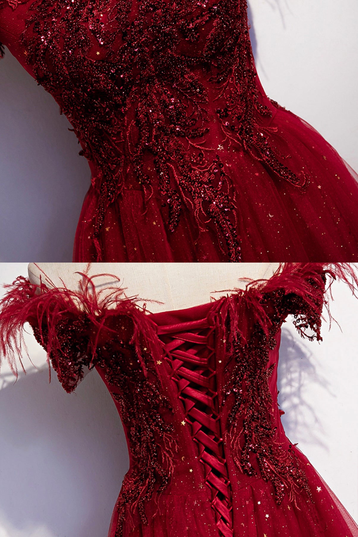 Robe de soirée longue en tulle bordeaux à paillettes 8710