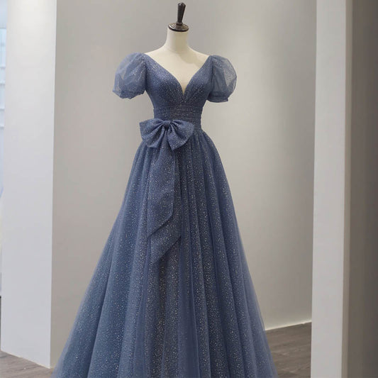 Robe de soirée longue en tulle bleu avec ligne A 8865