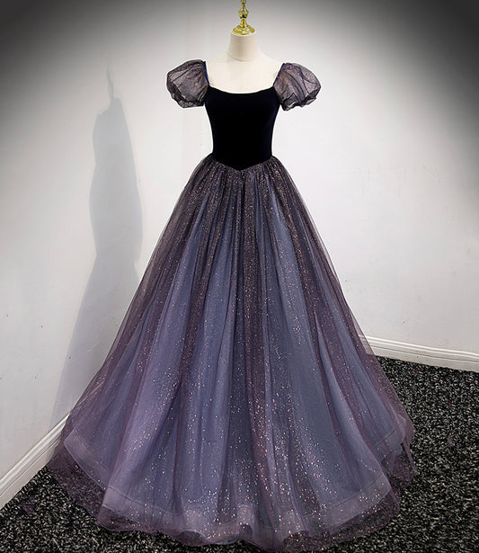 Robe de soirée longue en tulle noir et violet 8879