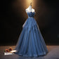 Blue tulle long A line prom dress blue evening dress  8909