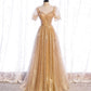 Gold Tüll Pailletten langes Ballkleid Abendkleid 8428