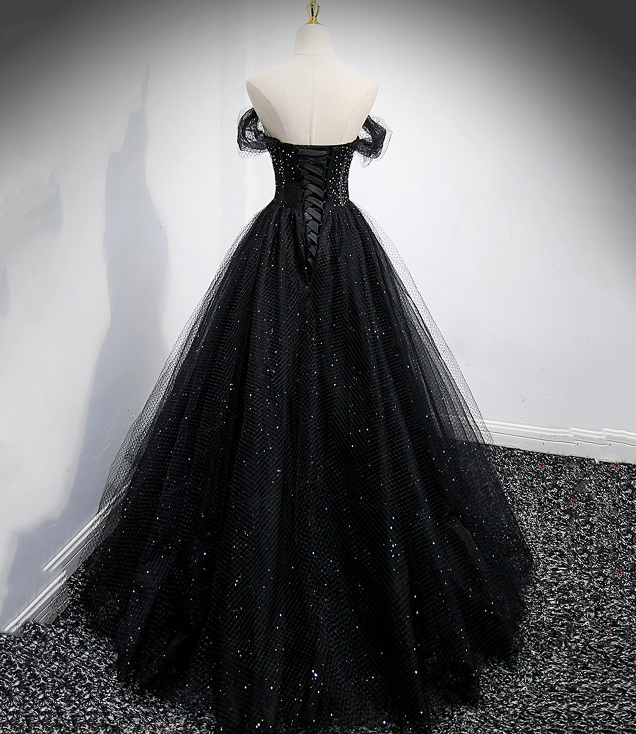 Black tulle long A line prom dress black evening dress  8863