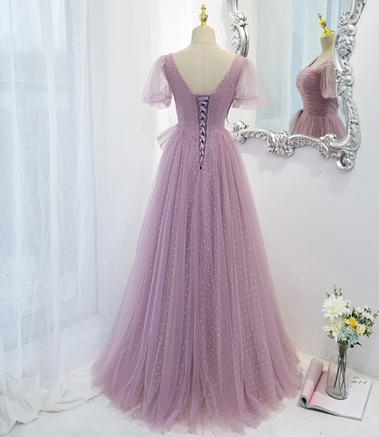 Lila Tüll langes A-Linie Ballkleid Abendkleid 8820