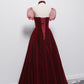 Cute velvet long prom dress burgundy A line evening dress  8652