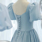 Blue satin long A line prom dress blue evening dress  8837