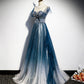 Blue tulle long A line prom dress blue evening dress  8928