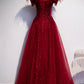 Robe de soirée longue en tulle bordeaux à paillettes 8710