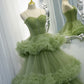 Green tulle long A line prom dress green evening dress  8836