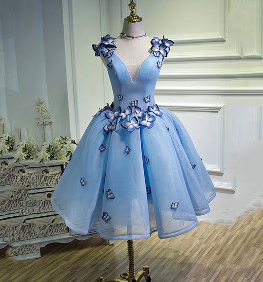 Robe de bal courte en tulle bleu, robe de soirée bleue 8907