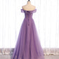 Lila Tüll Perlen lange A-Linie Ballkleid Abendkleid 8790