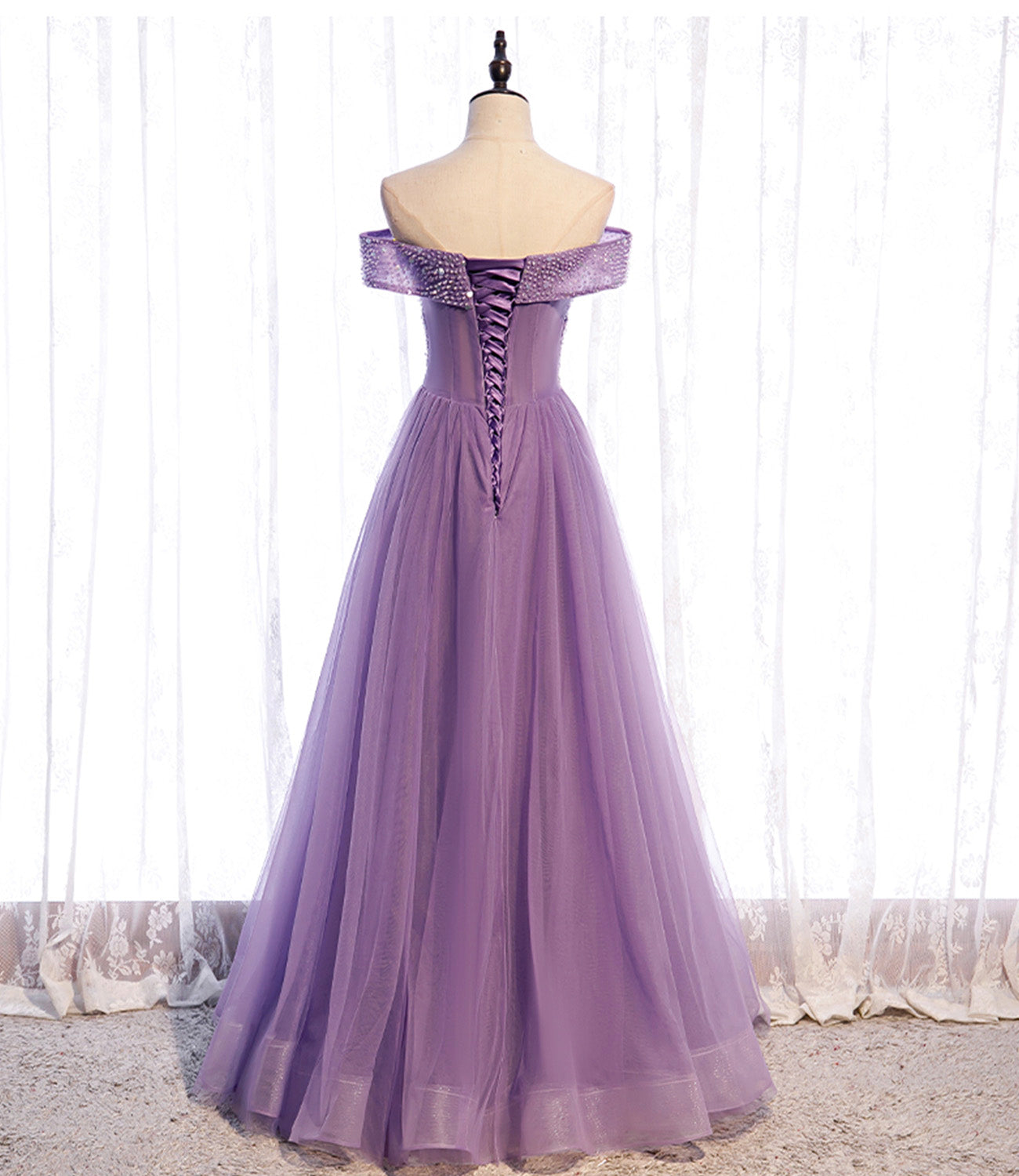 Lila Tüll Perlen lange A-Linie Ballkleid Abendkleid 8790