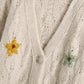 V-Neck long sleeve floral embroidery loose knit coat  7727