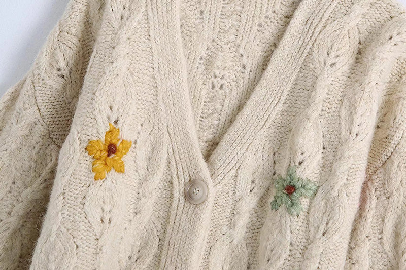 V-Neck long sleeve floral embroidery loose knit coat  7727